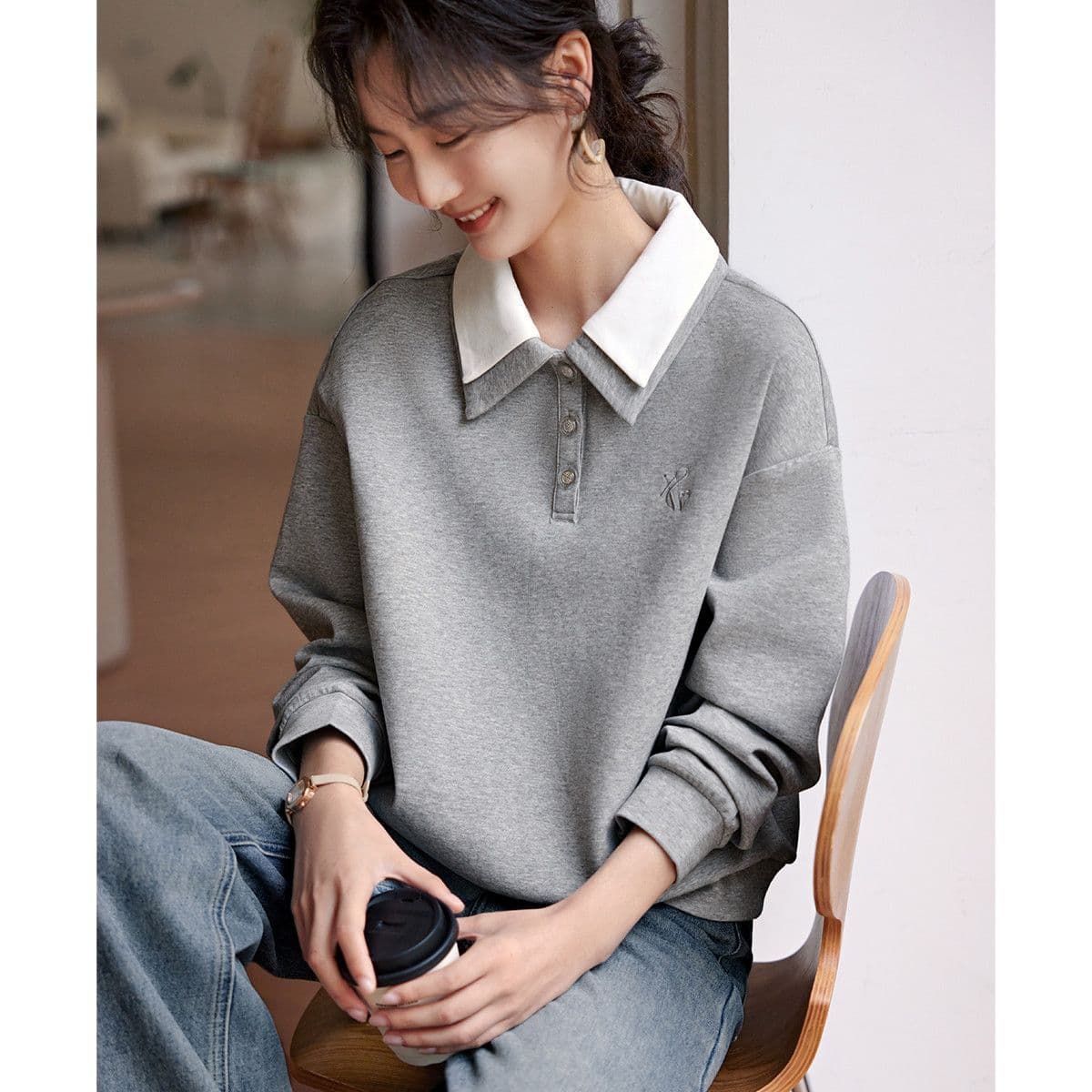Double-layer Collar Design Gray Sweatshirt for Women Casual Simple Temperament Versatile Flesh Covering and Slimming Top 3XL