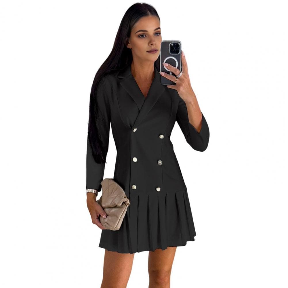 Fall Spring Women Dress Double-breasted Slim Fit Pleated Hem Turn-down Collar Long Sleeves V Neck Formal Business Style Office M XXL black