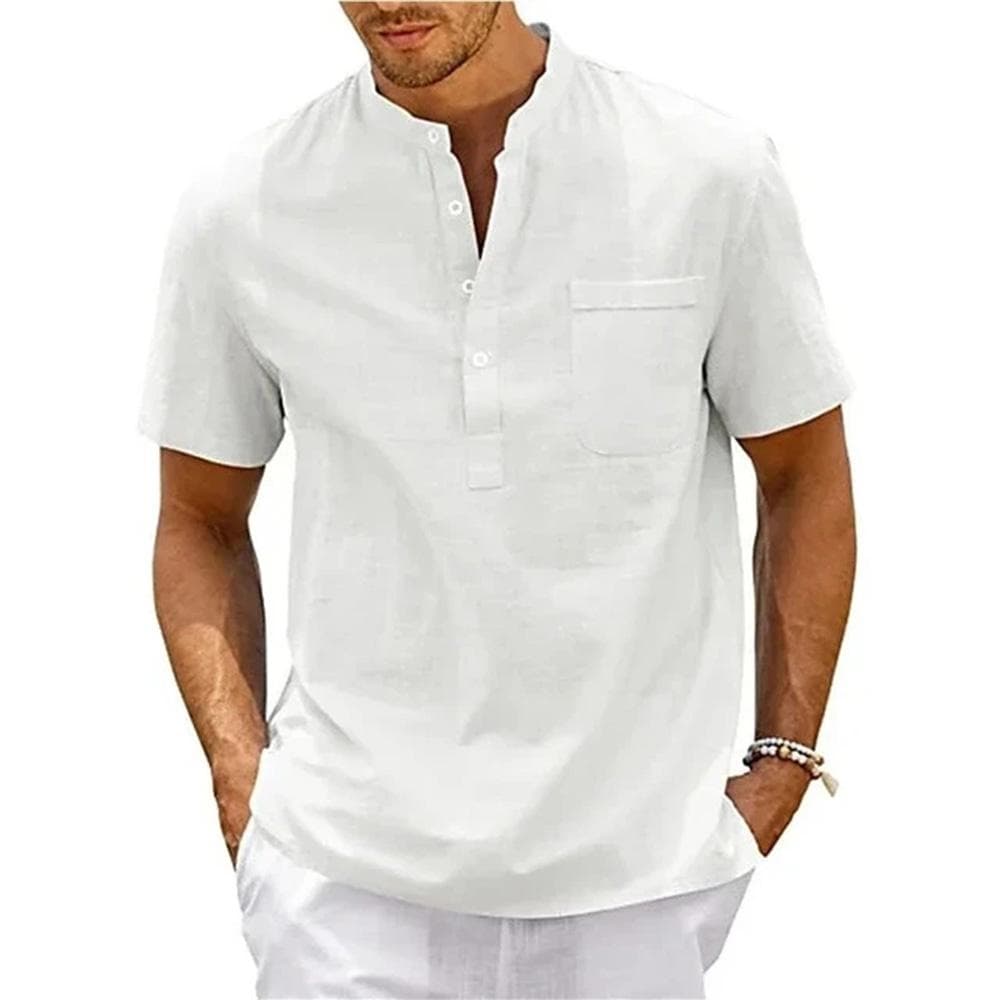 Summer Cotton Linen New Men's Short-Sleeved T-shirt Casual Men's T-shirt Shirt Male Pocket Breathable S-3XL S white