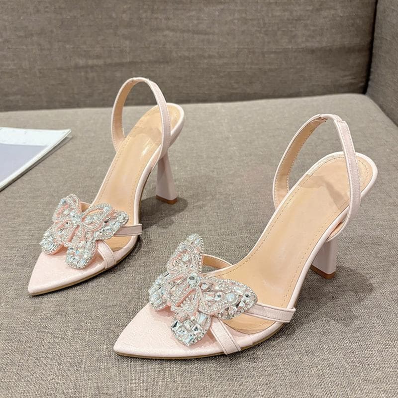 Liyke Size 35-41 Sexy Slingback Sandals Women Back Strap High Heels Summer Fashion Crystal Diamond Pointed Toe Wedding Prom Shoe 35 pink