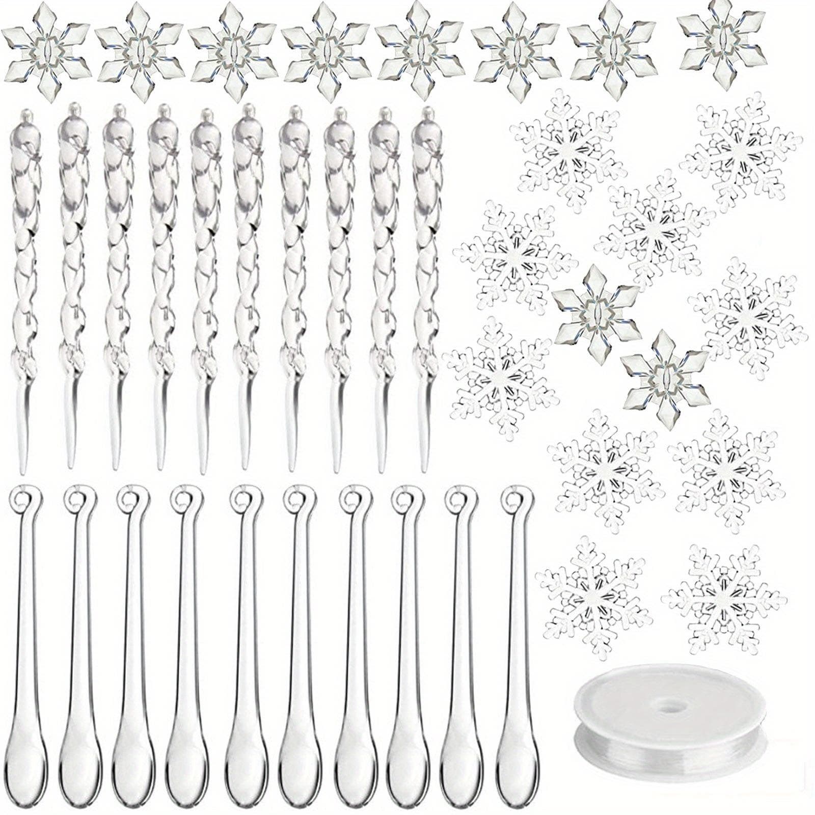 27Pcs Christmas Tree Pendant Ornaments Acrylic Crystal Snowflake Icicles Decoration Kit for Xmas Winter New Year Party Decor