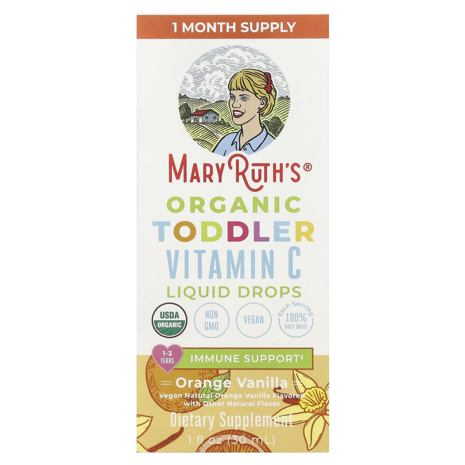 MaryRuth's, Organic Vitamin C Liquid Drops for Infants, Ages 1-3, Orange + Vanilla Flavor, 1 fl oz (30 ml)