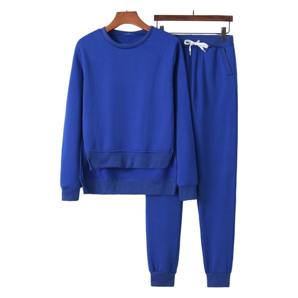 2Pcs/Set Women Solid Color Sport Outfit Irregular Hem O-neck Long Sleeve Sweatshirt Elastic Waist Drawstring Sweatpants Set XL