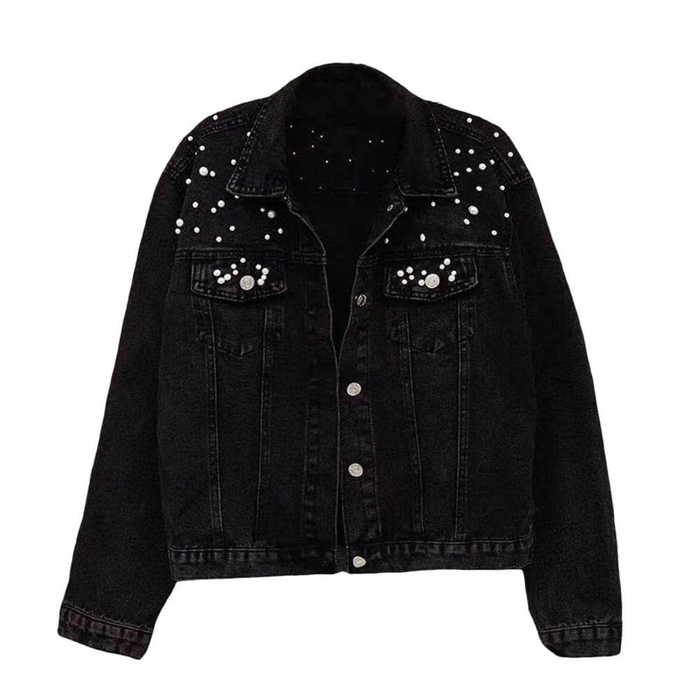 Women Jacket Stylish Winter Women's Denim Coat with Bead Decor Plus Size Long Sleeves Turn-down Collar Casual Streetwear Jacket XXXL black