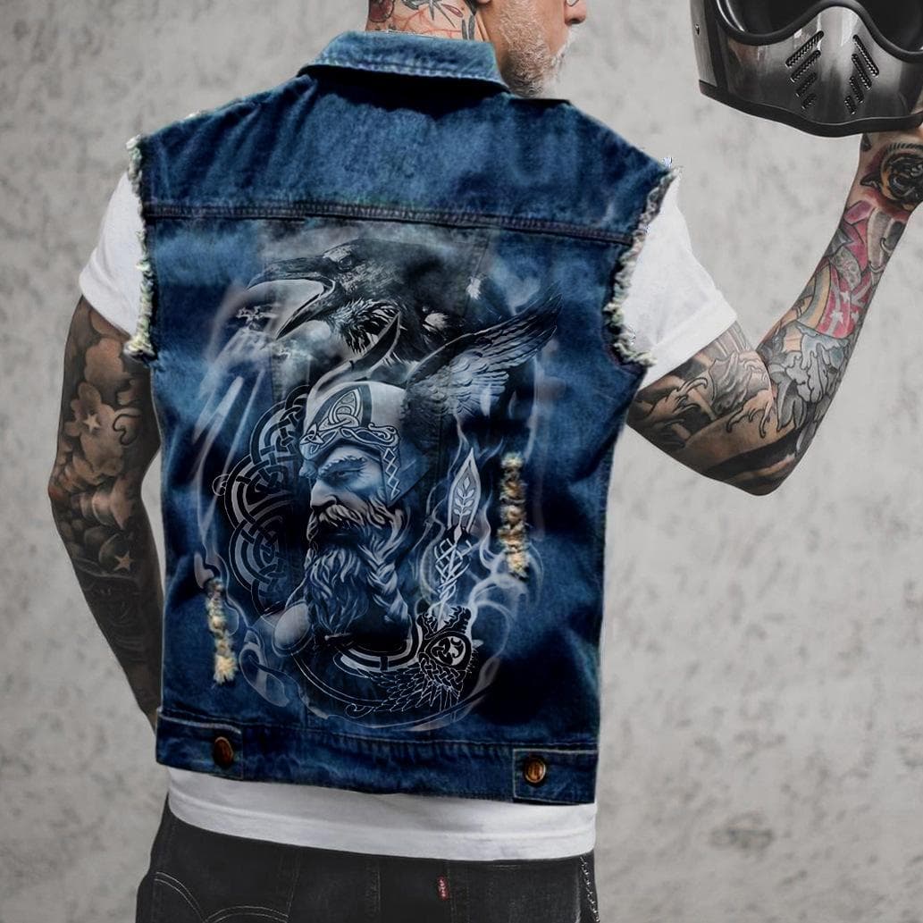 2578 * Men's Vest With Holes In Seasonal Motorcycle Denim Printed Vest 5XL blue/deep
