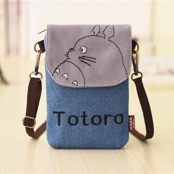 Fashion Women Shoulder Bag Cute Cartoon Totoro Print Canvas Crossbody Bag Coin Purse Cell Phone Bag Wallet dark blue