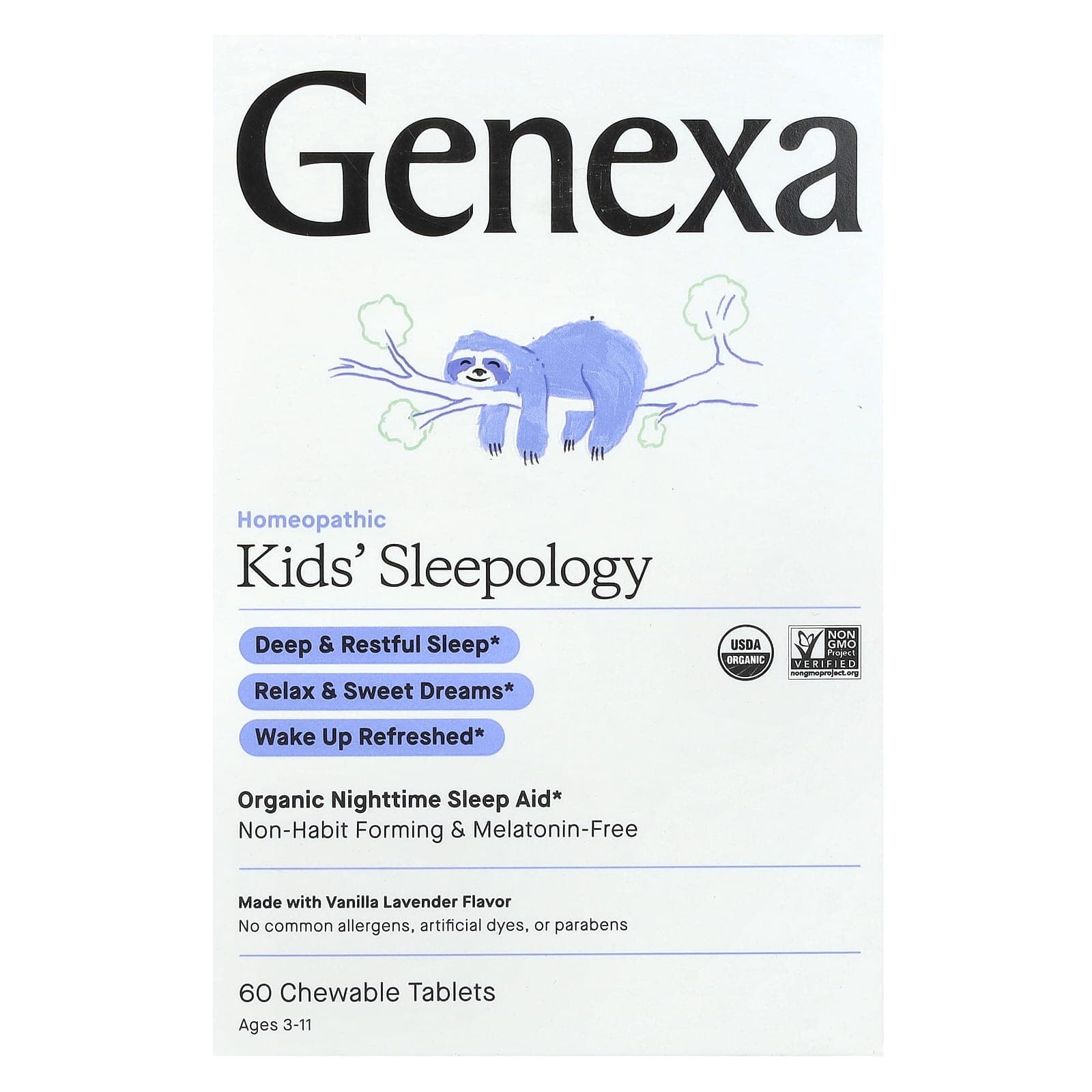 Genexa, Kid's Sleepology, organic nighttime sleep aid, vanilla lavender flavor, ages 3 and up, 60 chewable tablets