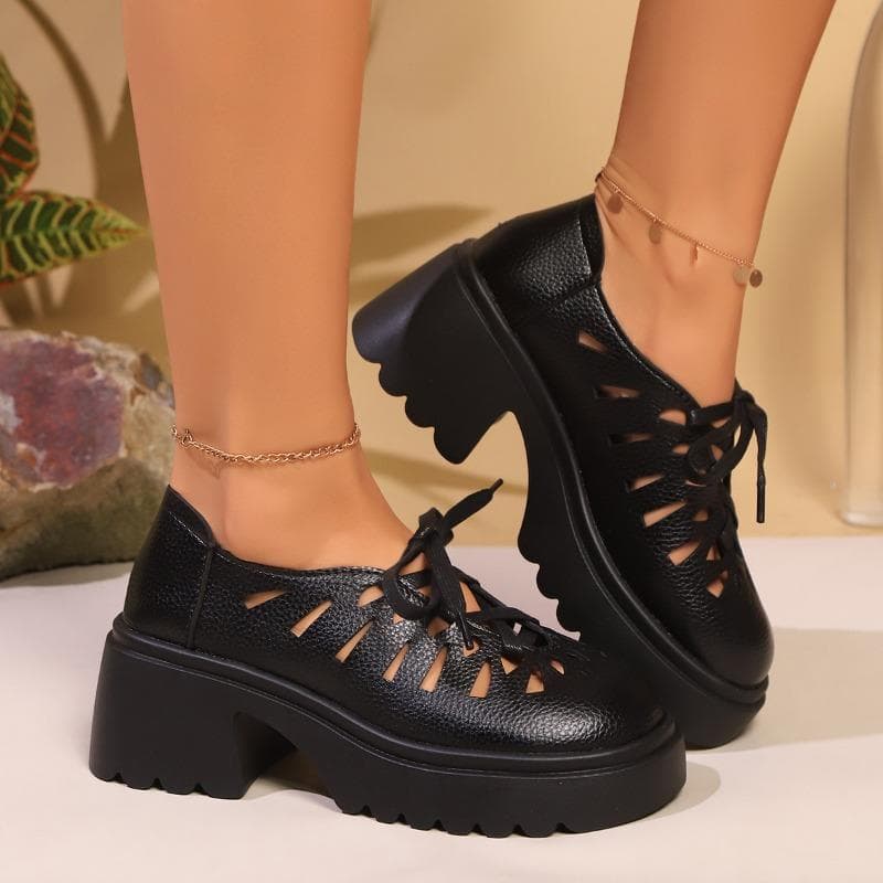 Summer Breathable Soft Leather Single Shoes with Hollowed-out Front Lacing and Thick Heels 38 black