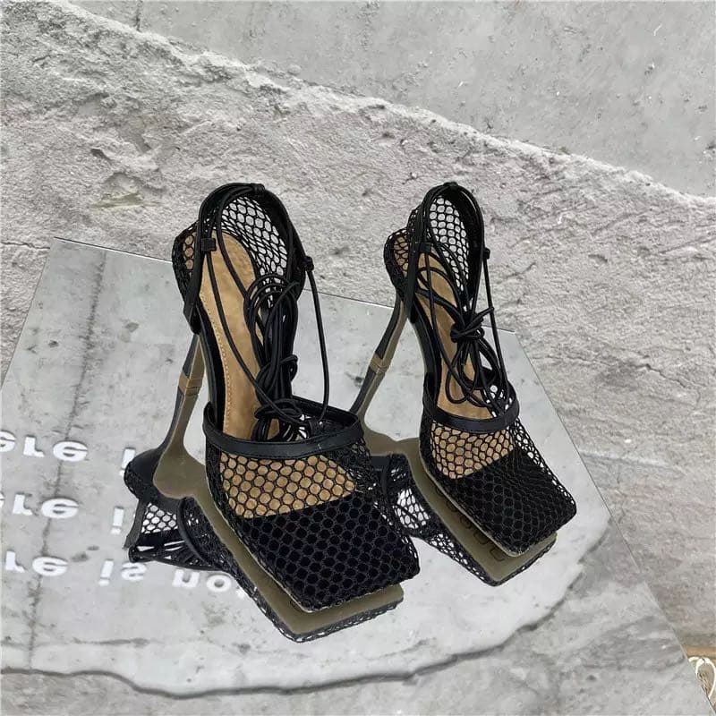 Sexy Mesh Pumps Sandals Female Square Toe High Heel Lace Up Cross Tied Stiletto Hollow Dress Pumps Shoes 42 black