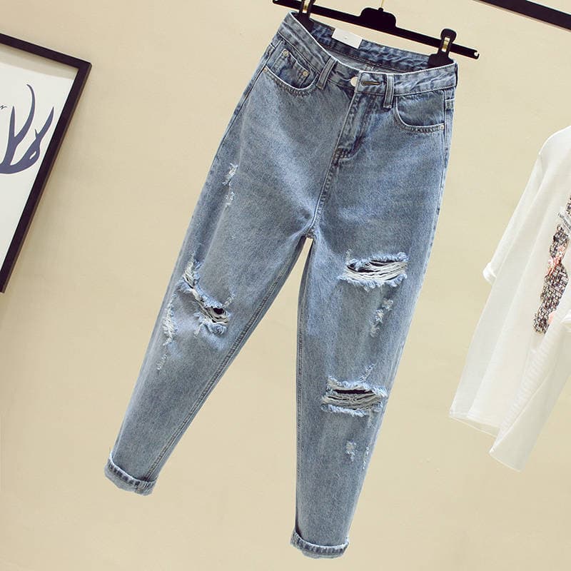 Light-colored Jeans for Women Ripped Loose Straight Pants for Spring and Summer New High-waisted Harem Pants for Slimming Nine-point Dad Pants XXL