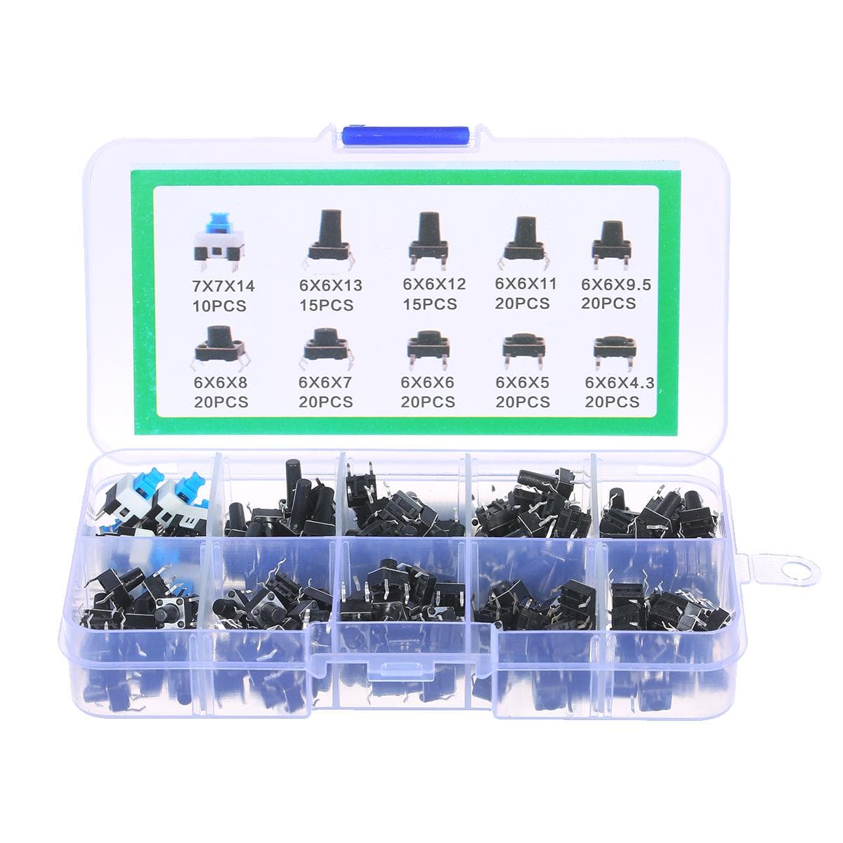 180PCS Tactile Push Button Switch Micro Momentary Tact Assortment Kit 10 Value 6 x 6mm 4 Pin Micro black