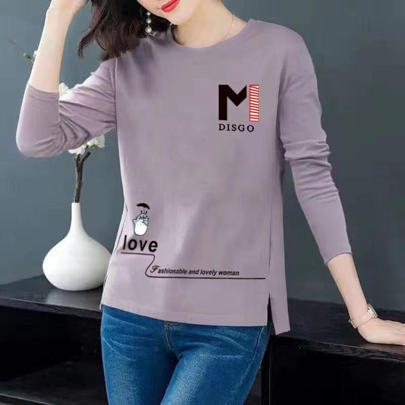 Spring Autumn Long Sleeve Crew Neck T Shirts Pullover Cute Letter Printed Casual Tops Ladies Blouse XL light purple