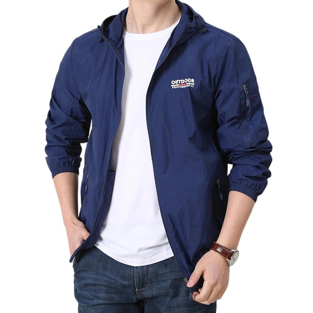 Men Summer Sun Coat Hooded Drawstring Long Sleeve Anti UV Jacket Letter Print Zipper Placket Windbreaker M navy blue