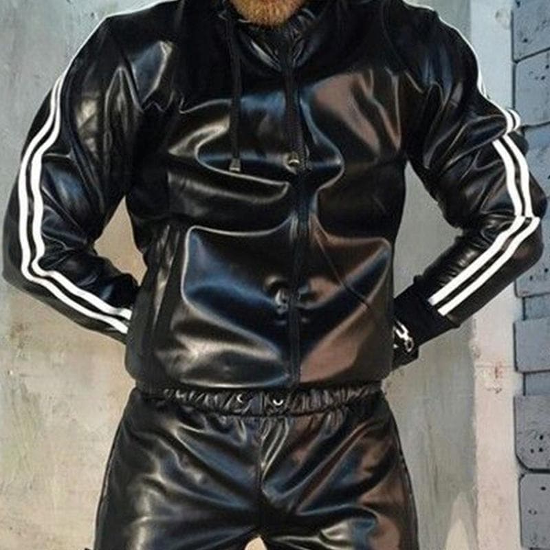 Men's PU Leather Hoodie Suit Casual Sportswear Hooded Jogging Suit Sportswear Black Men's Sportswear XS-5XL 4XL black