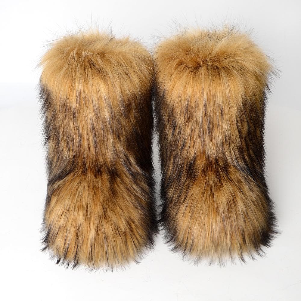 Women's New Winter Fur One-piece Imitation Raccoon Fur Warm Snow Boots Furry Shoes Outdoor Boots 36 yellow