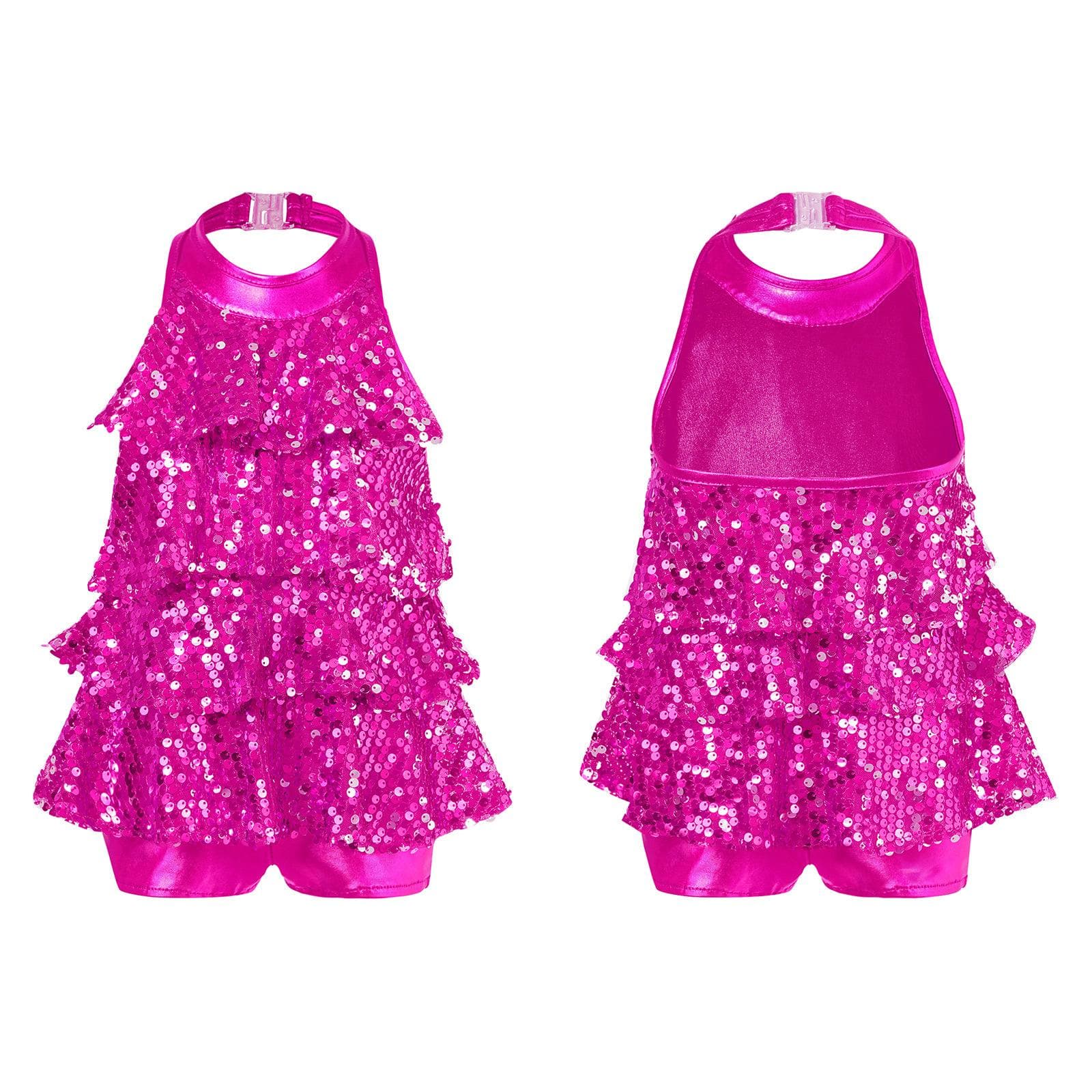 Dancewear for Kids Girls Halter Neck Shiny Sequins Jazz Dance Costume Shorty Unitard Dress 3-4 Years Rose