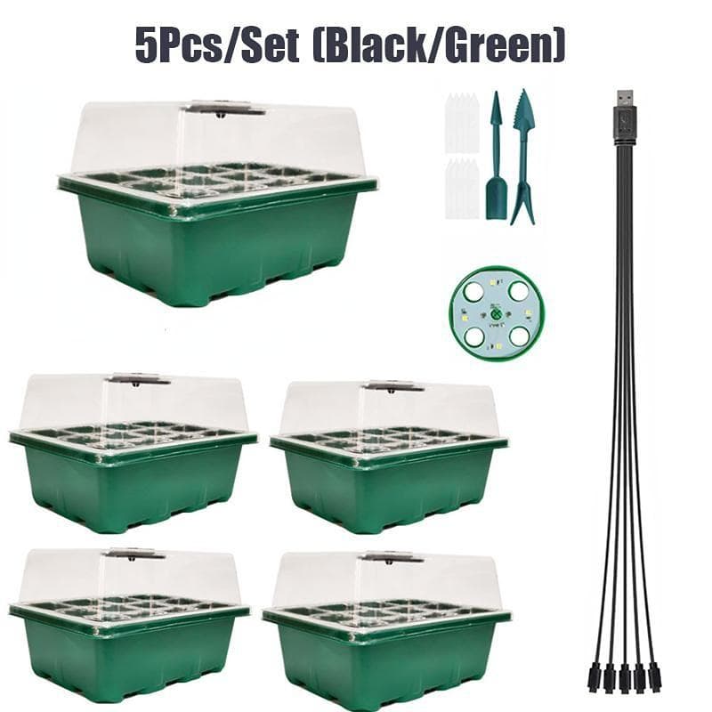 5Pcs/Set Plant Growing Tray Set LED Light Nursery Pots Growing Cells Humidity Box Greenhouse green