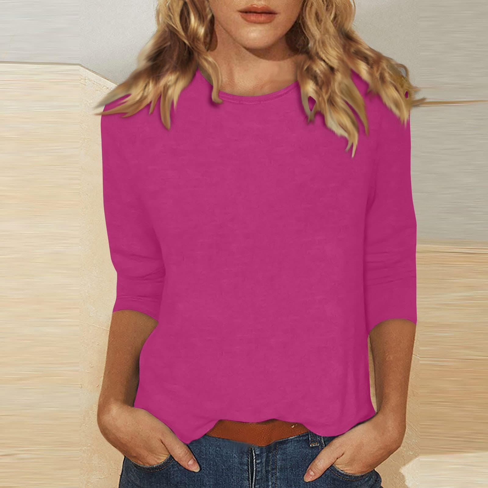Women's Casual O-Neck Three Quarter Sleeve Solid Color Top L
