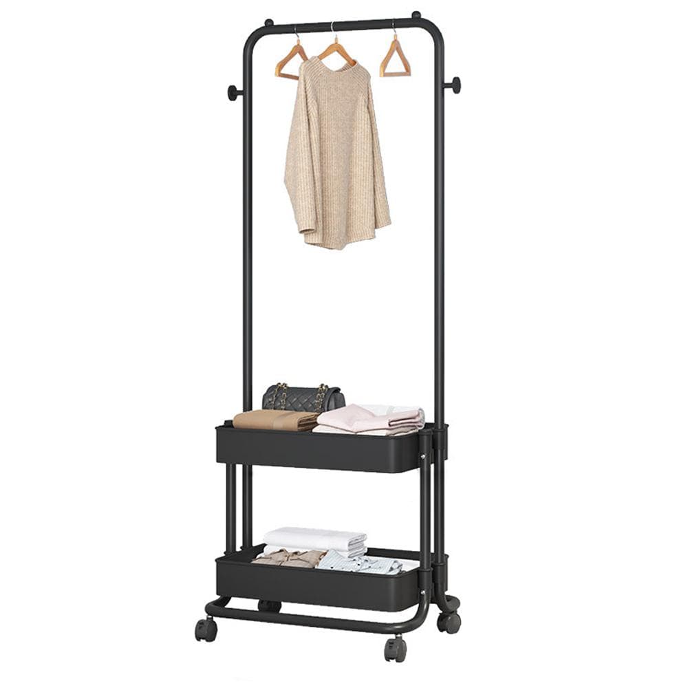 3-in-1 Garment Rack Shoe Rack Clothing Rack with 2 Tiers Basket and 2 Side Hooks Movable Storage black