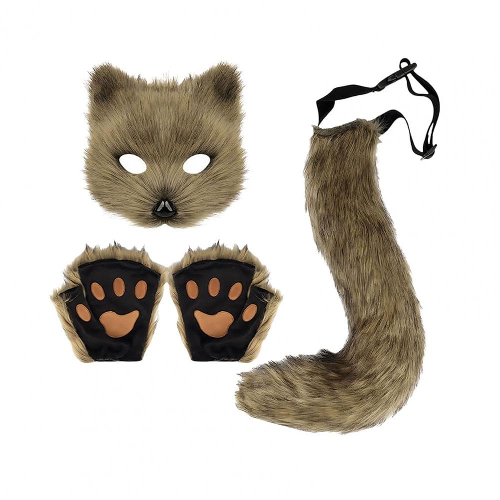 1 Set Cosplay Fake Fox Tail Mittens Masque Set Soft Fuzzy Plush Adjustable Waist Circumference Anti-slip Performance Club Dance coffee