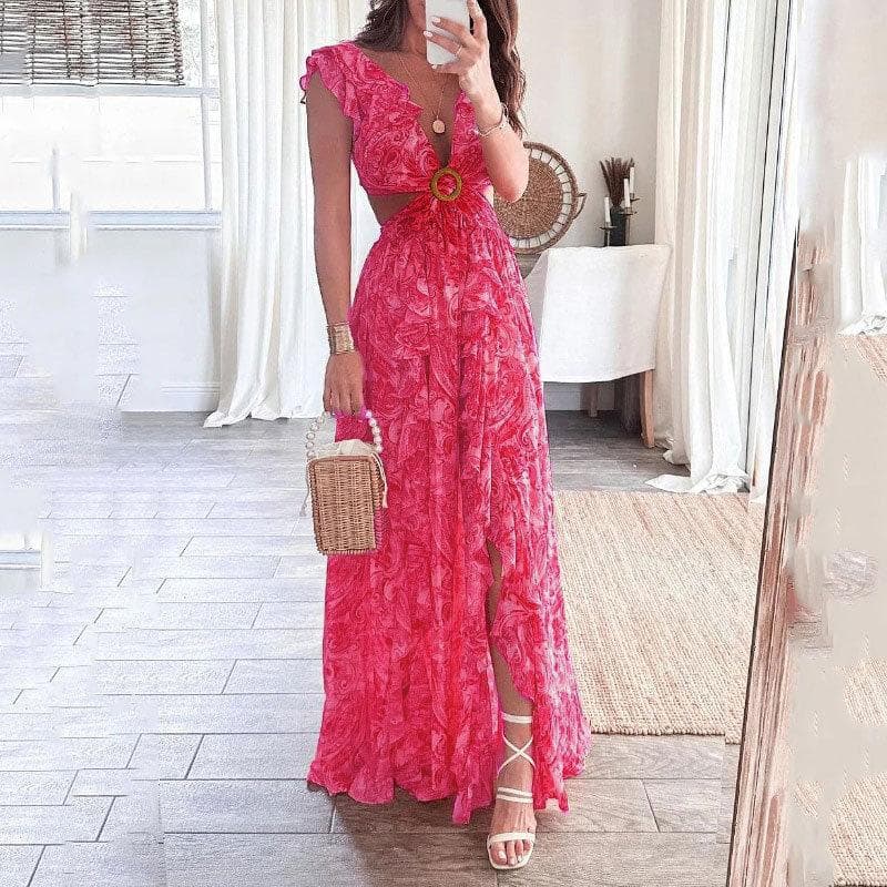 Women's Spring New Elegant Printed Deep V Sexy Hollow-Exposed Dress 3XL