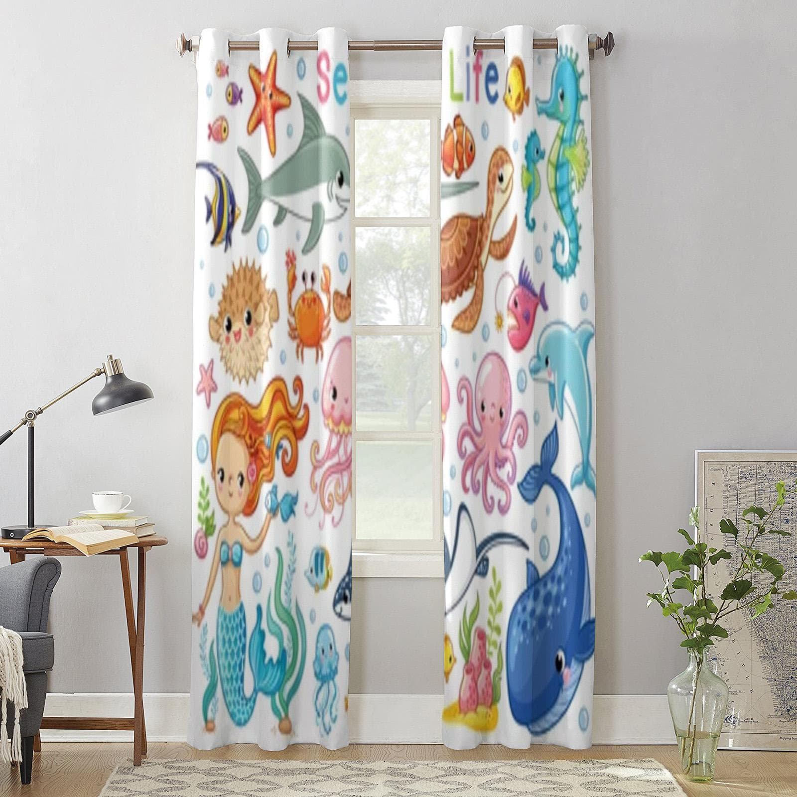 Sea Animals And Mermaids Window Curtain For Kids Room Home Blinds Curtains For Living Room Bedroom Window Drapes 135W x 60H(cm) x1
