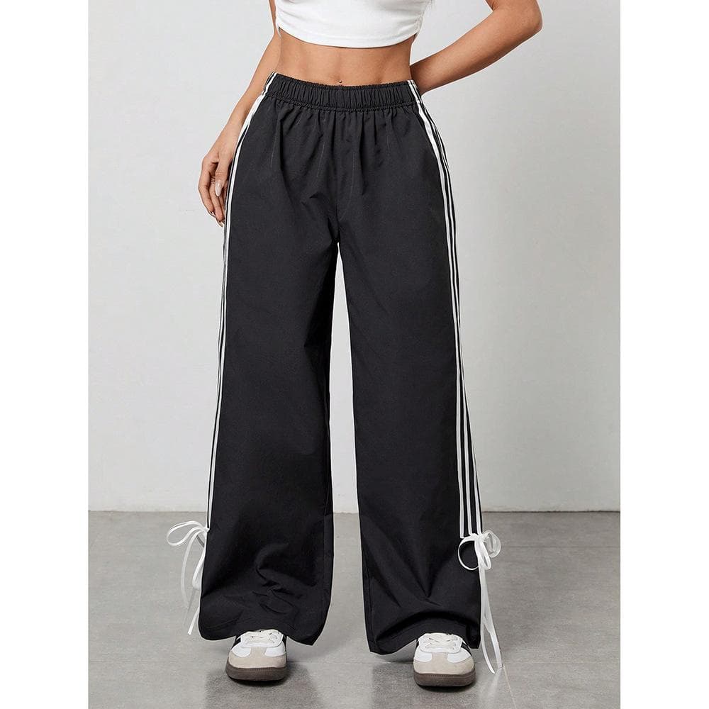 Black and White Striped Bow Strap Casual Pants Women's Retro Elastic Waist Loose Trousers S black
