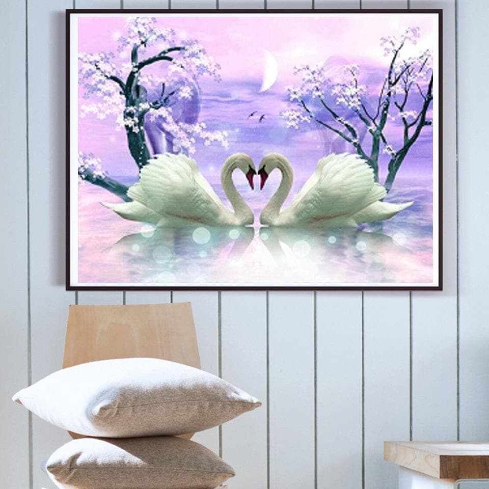 Diamond Painting Cross Stitch Diamond Mosaic Scenery Swans In Lake Diamond Embroidery Rhinestones 20X30CM
