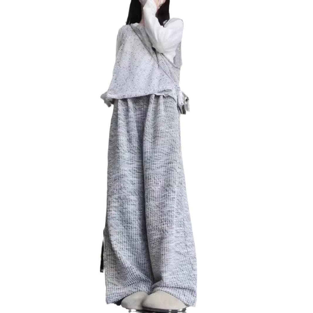 Early Autumn Atmosphere Gray Striped Straight-leg Casual Pants for Women New Loose and Lazy Slim Wide-leg Floor Pants XXL