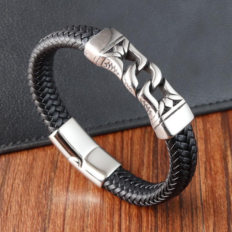 21CM Men Hand-woven Leather Rope Bracelet Black Hip Hop Vintage Chain Bracelet Male Stainless Steel Jewelry 21cm