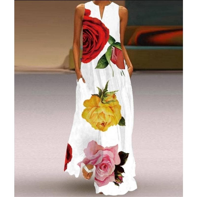 Summer Women's Dress Sleeveless Dress V-neck Print Dress M