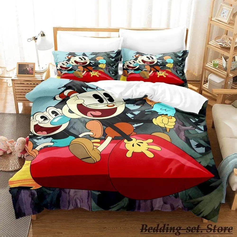 Game Cuphead Mugman Bedding Set Cartoon Anime three-piece set Adult Kid Bedroom Duvetcover Sets 3D Kawaii cama de casal US Twin 173x218cm