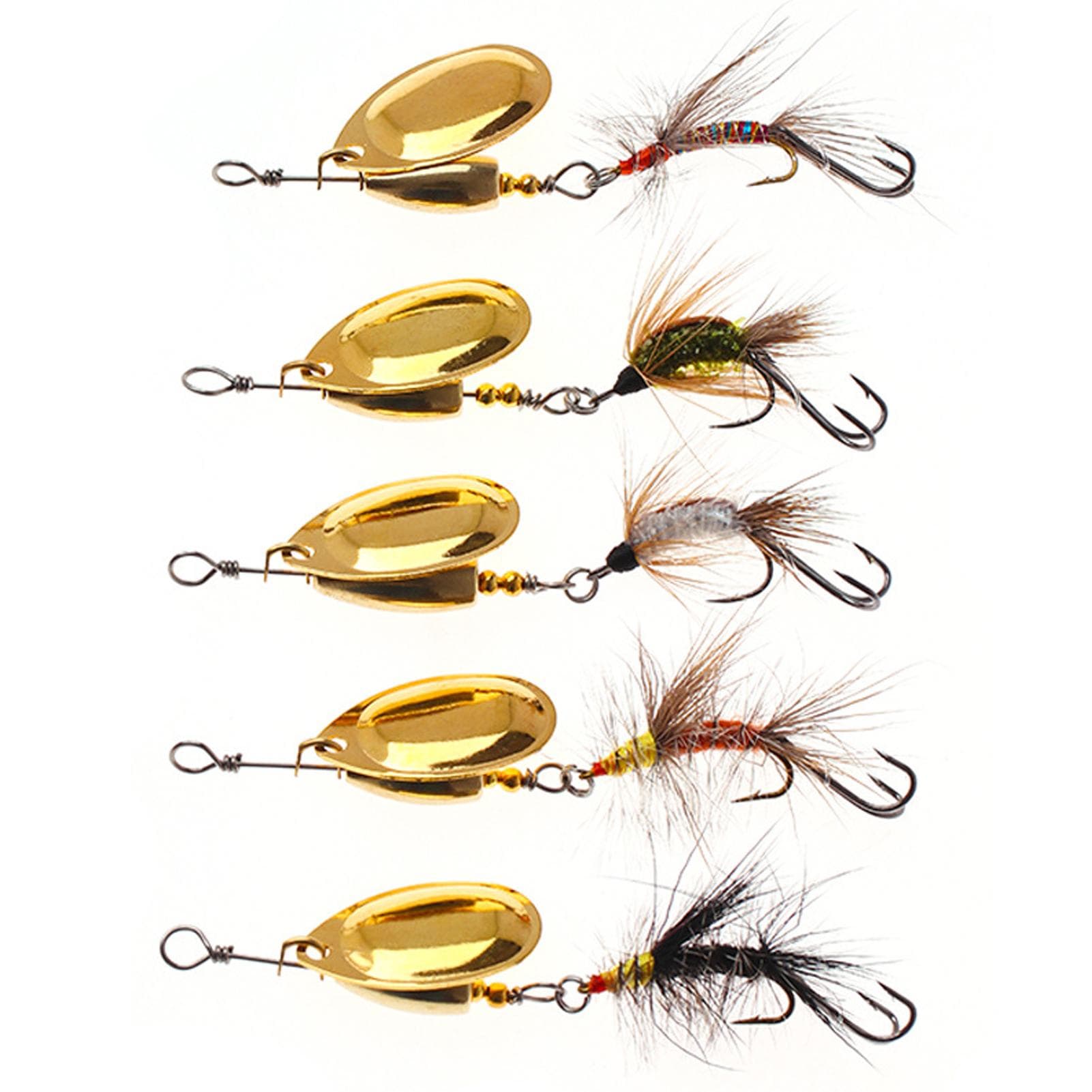 5pcs Spinner Bait Set Fly Strikers Assortment Fishing Spinners Lures with Hook for for Bass Trout gold