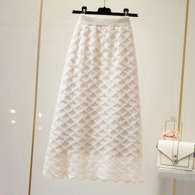 Knitted Midi Skirt for Winter Women Mid To Long Style with Crochet Lace A-line Wrapped Buttocks Skirt Thick Winter Skirt 2XL