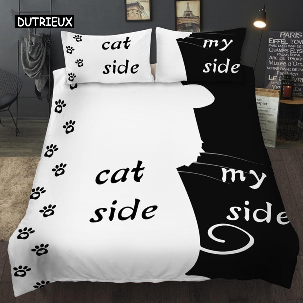 Simple Black + White Bedding Set Cat/Dog/He and her Couple Bedclothes Pillowcase Customized Home Textiles Bed Set US Full(200x230cm)