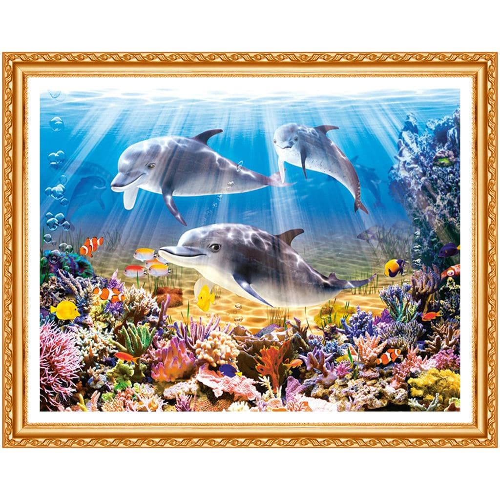 5D DIY Full Round Drill Diamond Painting Cross Stitch Dolphin Play Rhinestone Embroidery Home Decor 20X30CM