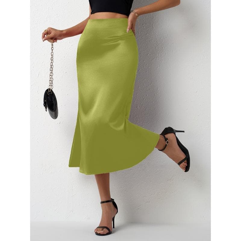 Women's Satin Skirt with Tail Fish Tail for Spring and Summer L olive