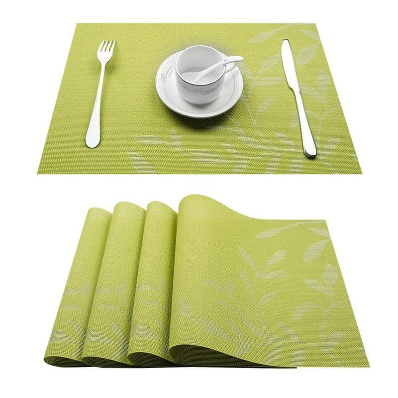4pcs Table Mat Leaf Print PVC Placemat Modern Kitchen Table Pads Cup Coasters for Coffee Dining Table Napkins Home Decoration green