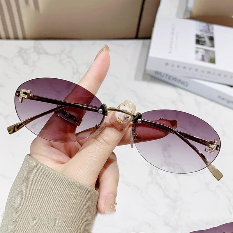 Fashion Rimless Sunglasses Women UV400 Oval Elegant Diamond F Sun Glasses Retro Eyewear for Women