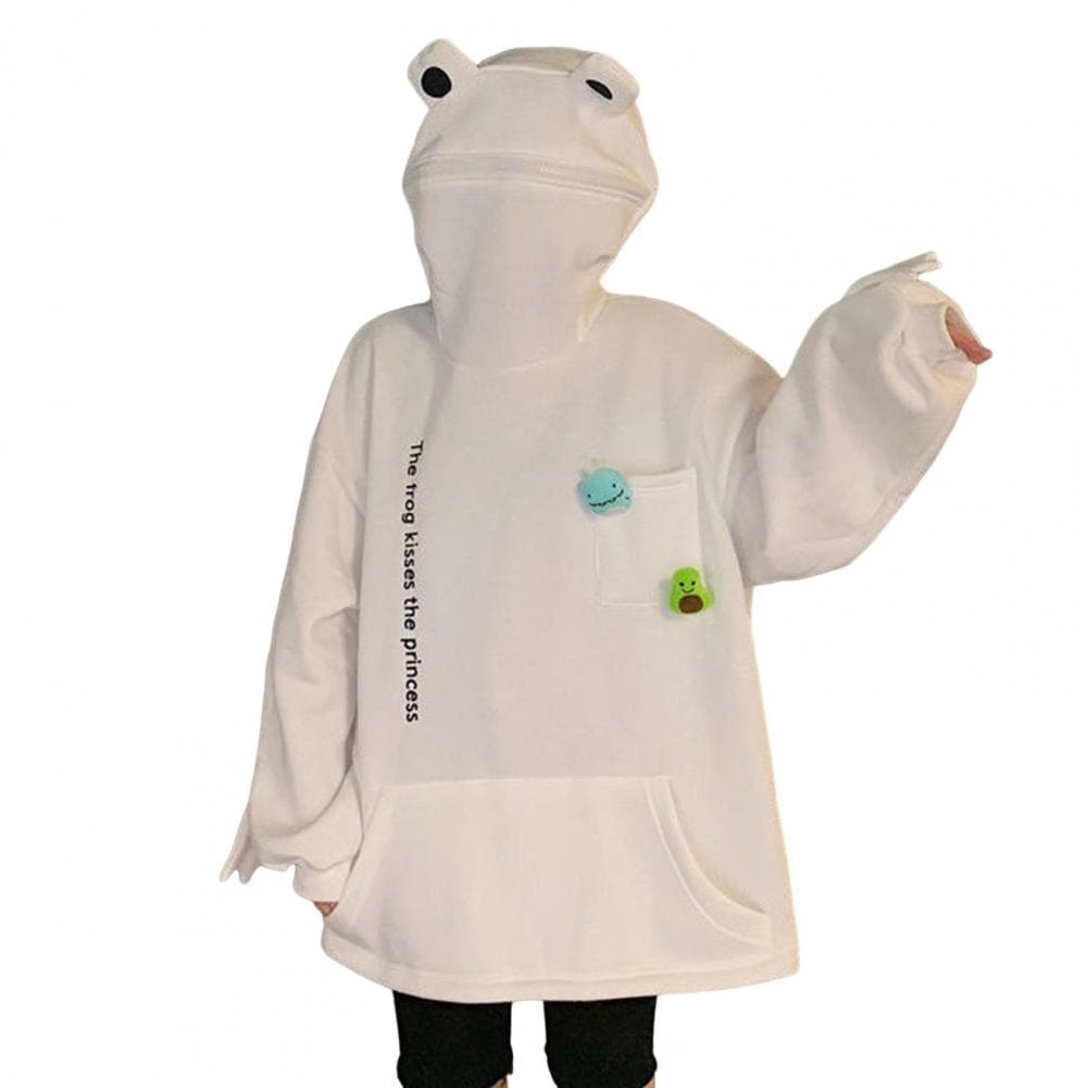 Unisex Fall Winter Hoodie Frog Shape Zipper Hood Thickened Plush Warm Letter Embroidery Big Pocket Long Sleeves Couple Commuting M white