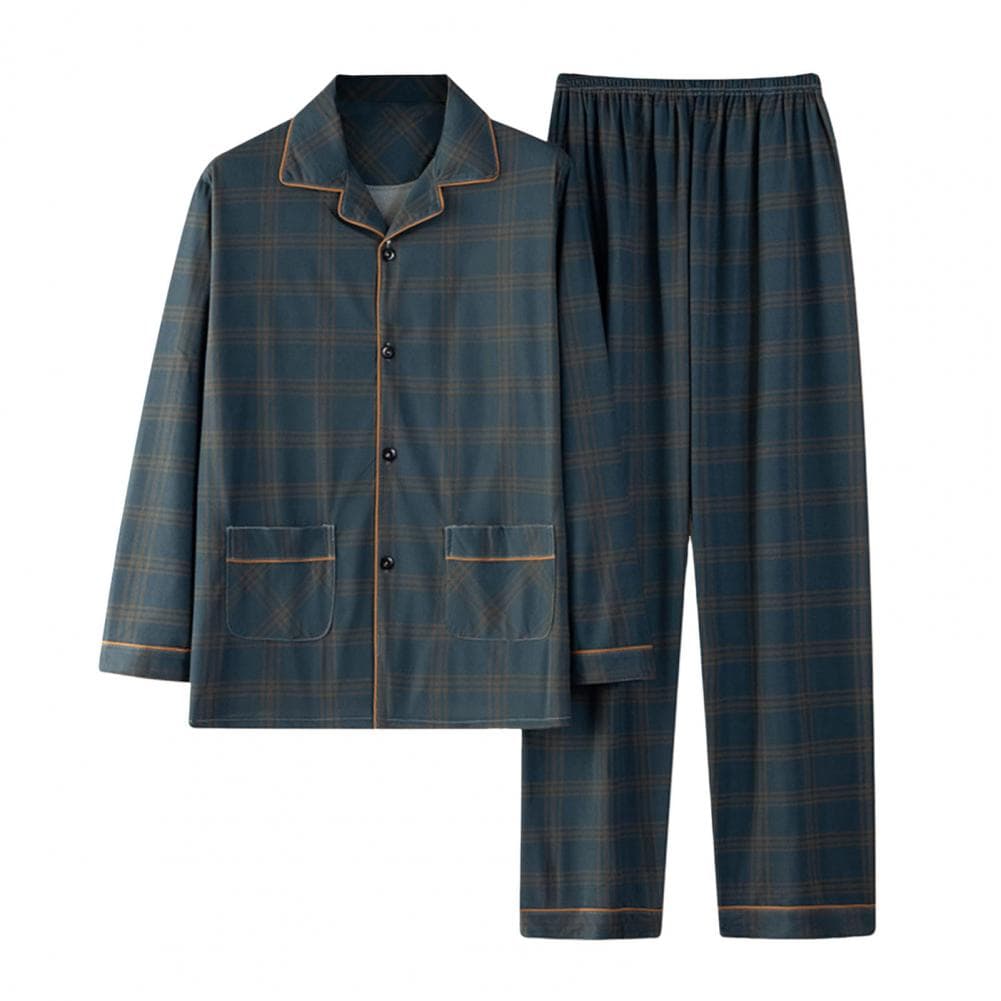 2Pcs/Set Men Pajamas Set Plaid Print Lapel Long Sleeve Single Breasted Shirt Elastic Waist Long Pants Set Loose Fit Loungewear S XXL