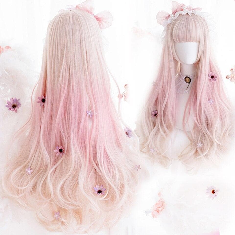 Wave Gradient Color Wig Pink Bangs Heat-resistant Synthetic Wave Hair Wig Cosplay pink