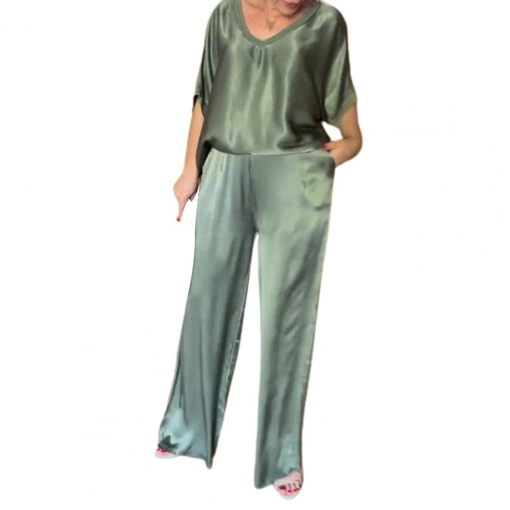 Women Wide Leg Trousers Suit Elegant Satin Top Wide Leg Pants Set for Women V Neck Blouse with Drawstring Waist Loose for Ladies XXXL army green