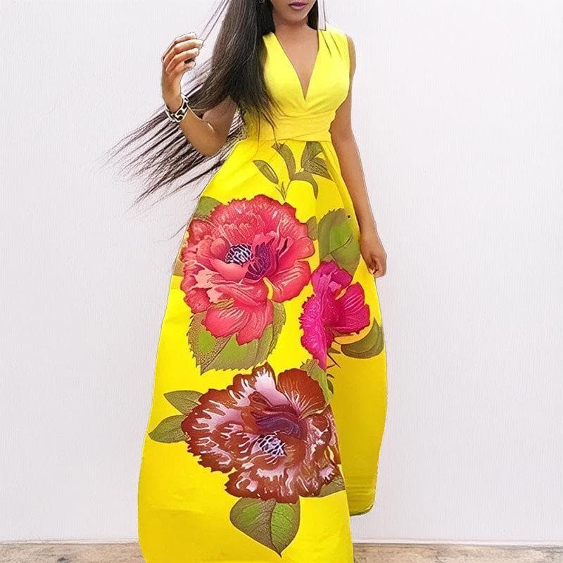 New Women's Casual Temperament and Personalized Elegant V-neck High-waisted Fashion Printed Big Sway Dress 3XL