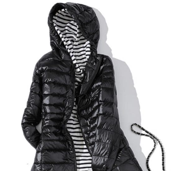 Padded Hooded Long Jacket Duck Down Female Ultra Light Slim Solid Jackets Coat Portable Parka M black