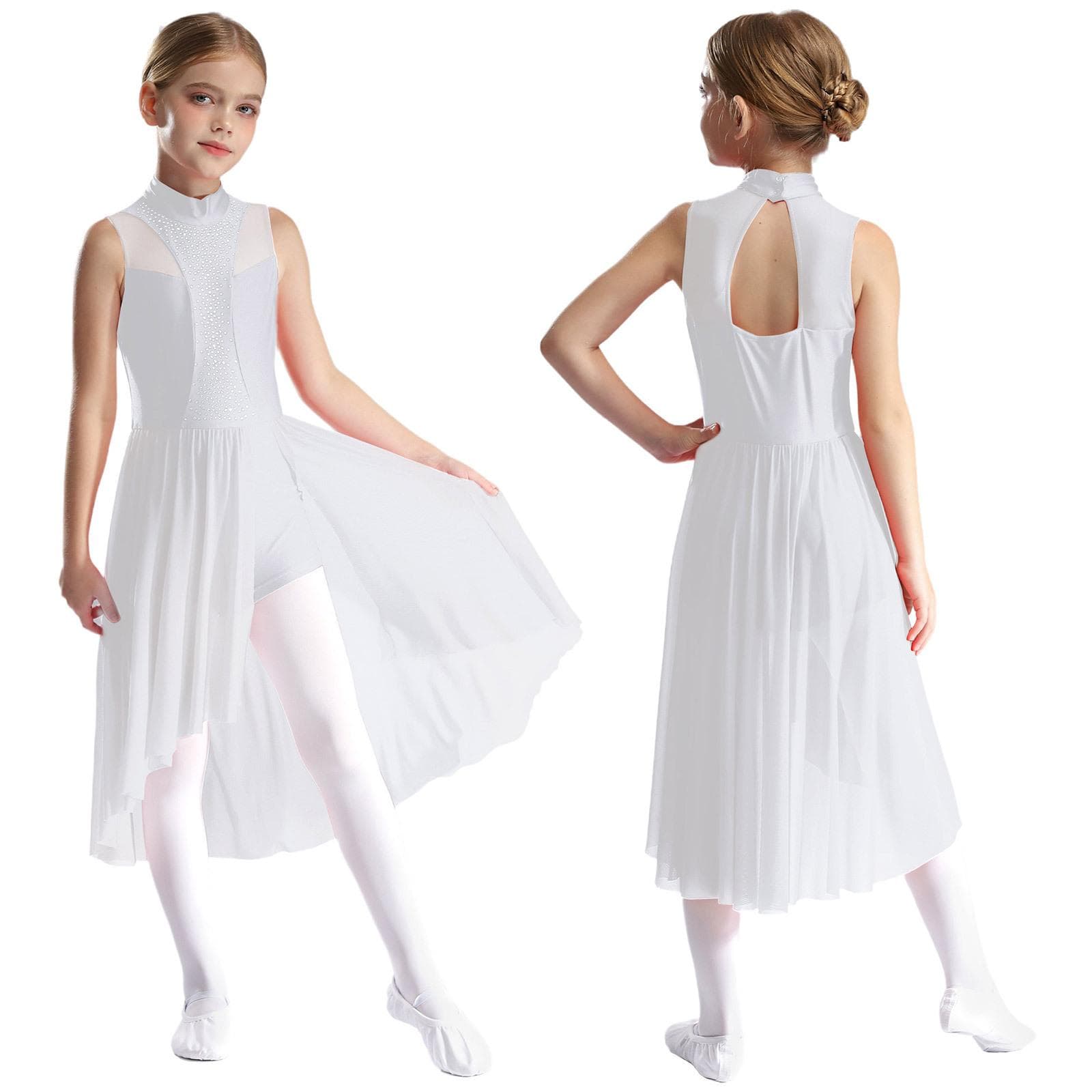 Kids Girls Chiffon Ballet Dress Sleeveless Mock Neck Cutout Back Side Split Asymmetrical Hem Sparkly Rhinestone Dance Dresses 9-10 Years