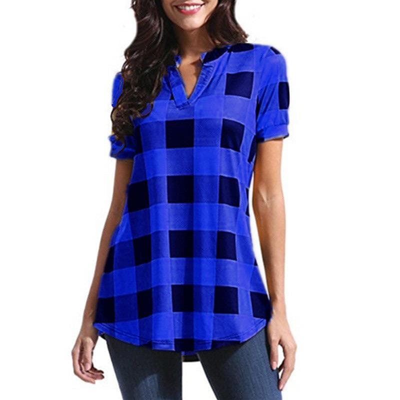 HNXC Women's Fashion Casual Summer Plaid Print Short Sleeve V-Neck Blouses & Shirts XXXL