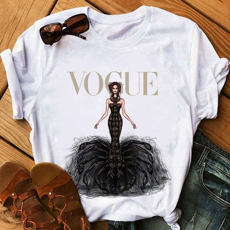 Women Summer T Shirt Vogue Print Retro Fashion Short Sleeve Tees Casual Printed Tops 8XL black