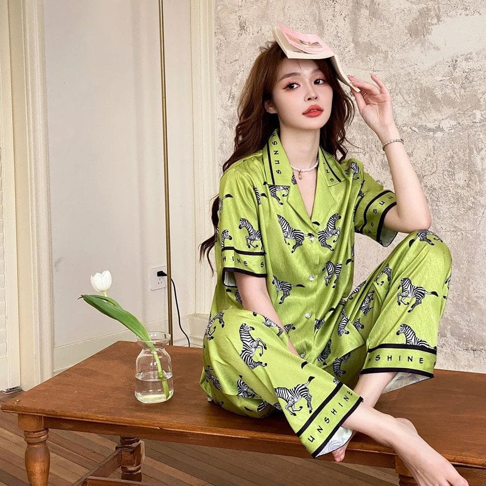 Ice Silk Pajamas Women's Pajamas Short Sleeve Long Pants Thin Set Green Herringbone Zebra Casual Pajamas Set XL