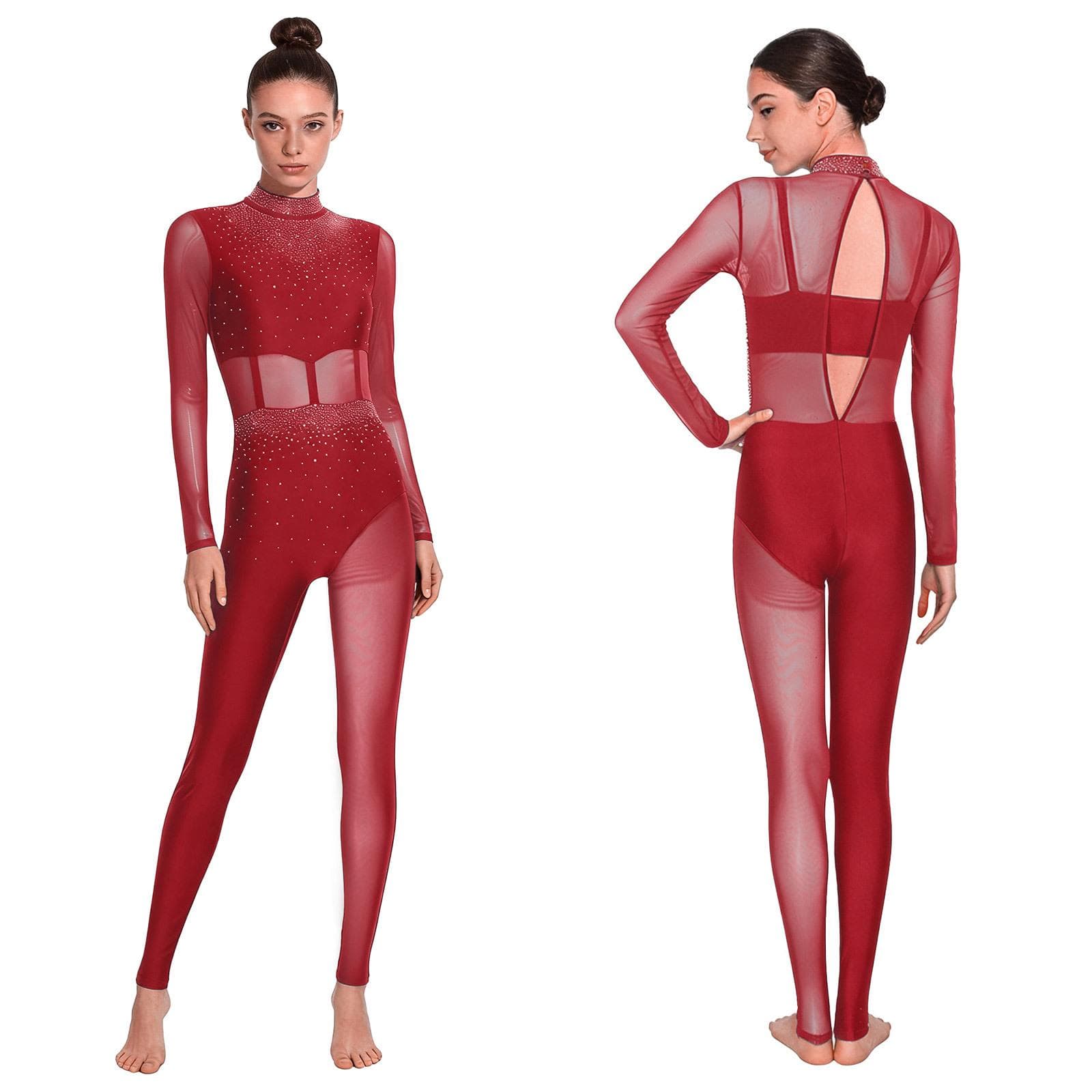 S-XXL Women's Gymnastics & Figure Skating Unitard: Rhinestone Sheer Mesh Patchwork with Cutout Back, Full-Body Performance Wear XXL burgundy